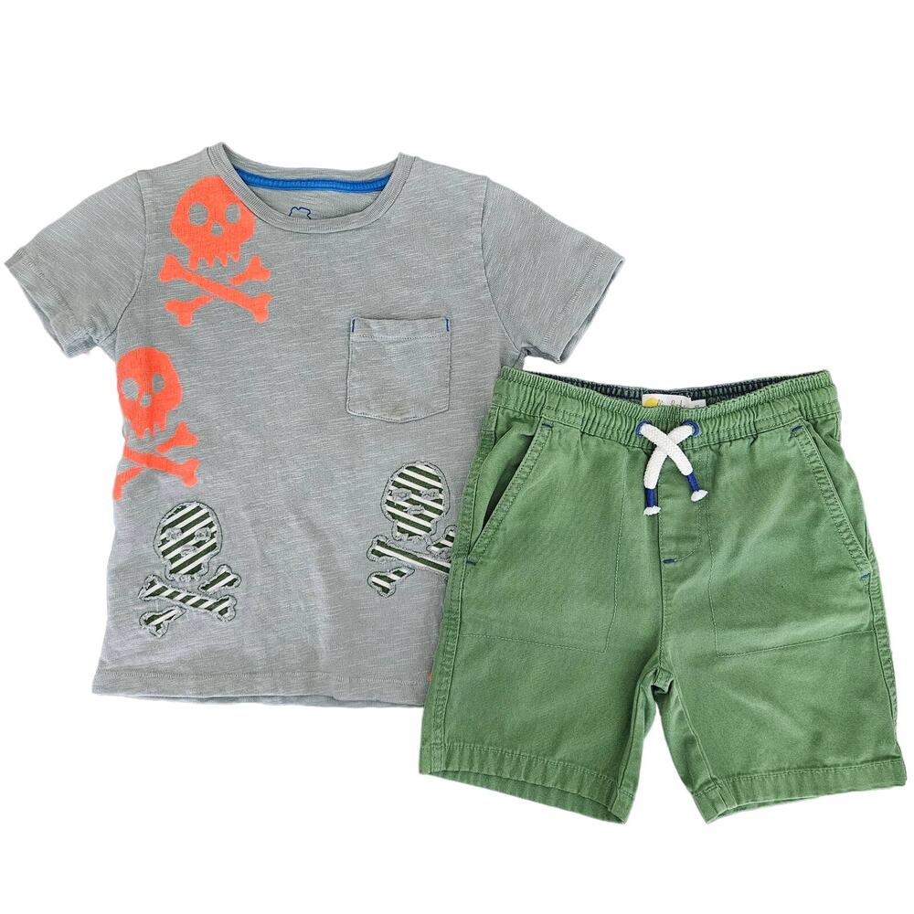 Mini Boden Skull Gray Tee T-Shirt Top Green Shorts Bundle | Kid's 4-5